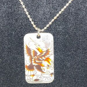 Ed Hardy Tattoo Stainless Steel Dog Tag Pendant On 24” Silver Ball Chain